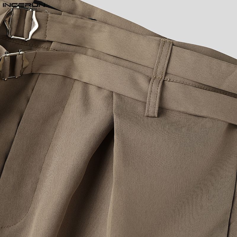 INCERUN Men Double Buckle Belt Drape Loose Fit Wide Leg Pants Long Trousers
