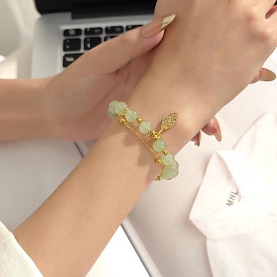 Translucent Emerald Green Double-Layer Beaded Leaf Bracelet, Guochao Antique Style Light Luxury High-End Temperament Jewelry Women