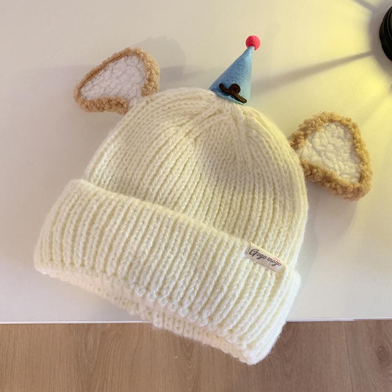 Niedliche Cartoon Plüsch Ohren Strickmütze Damen Herbst und Winter Neu Warm und Vielseitig Lustiges Gesicht Zeigt Kleine Wollmütze