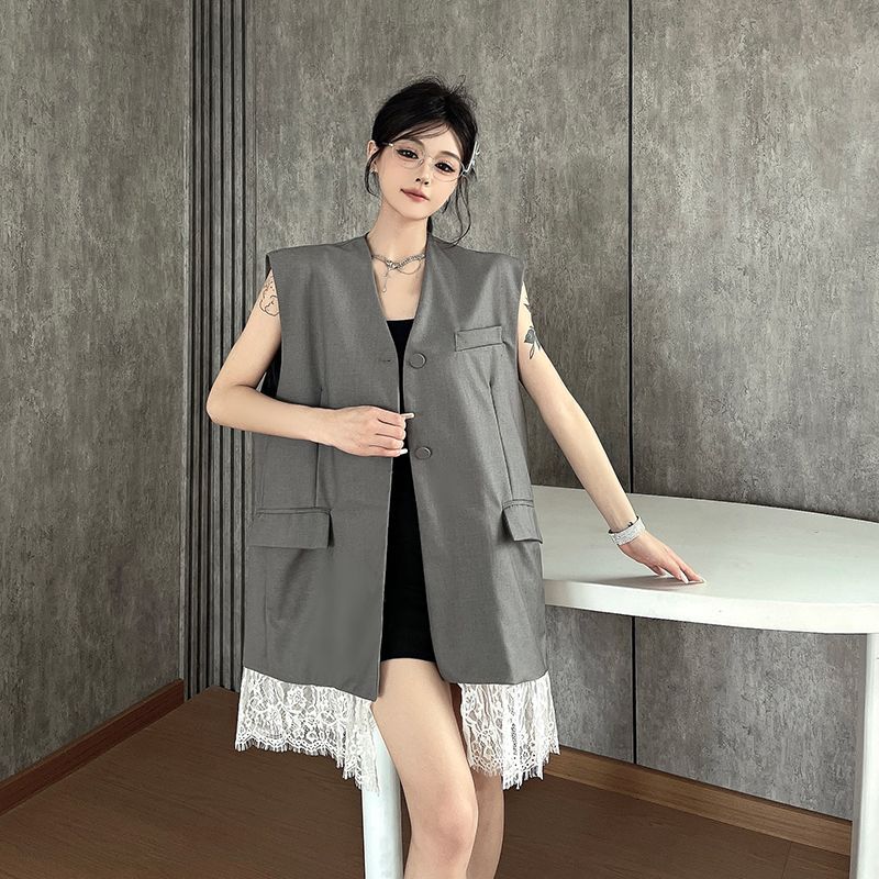 High Sense Grey Sleeveless Blazer Vest for Women Summer Lace Patchwork V Neck Tank Top Layered Outerwear Waistcoat