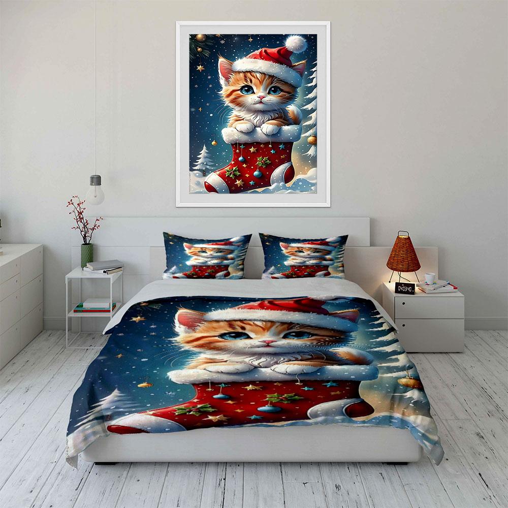 Santa hat, kitten, Christmas stocking. Bedding sets Duvet cover sets Duvet covers Pillowcases(1 * Duvet Cover 2 * Pillowcases without duvet insert)