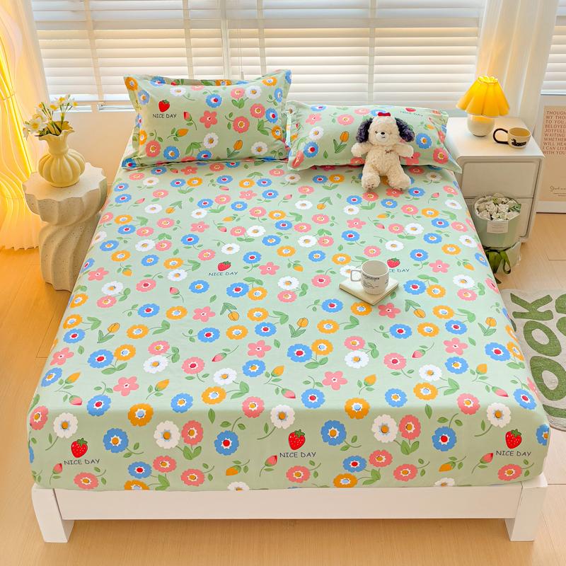 Washed Cotton Fitted Sheet with Elastic Bands Non Slip Adjustable Mattress Cover Printed  Pure Cotton  for Double King Queen