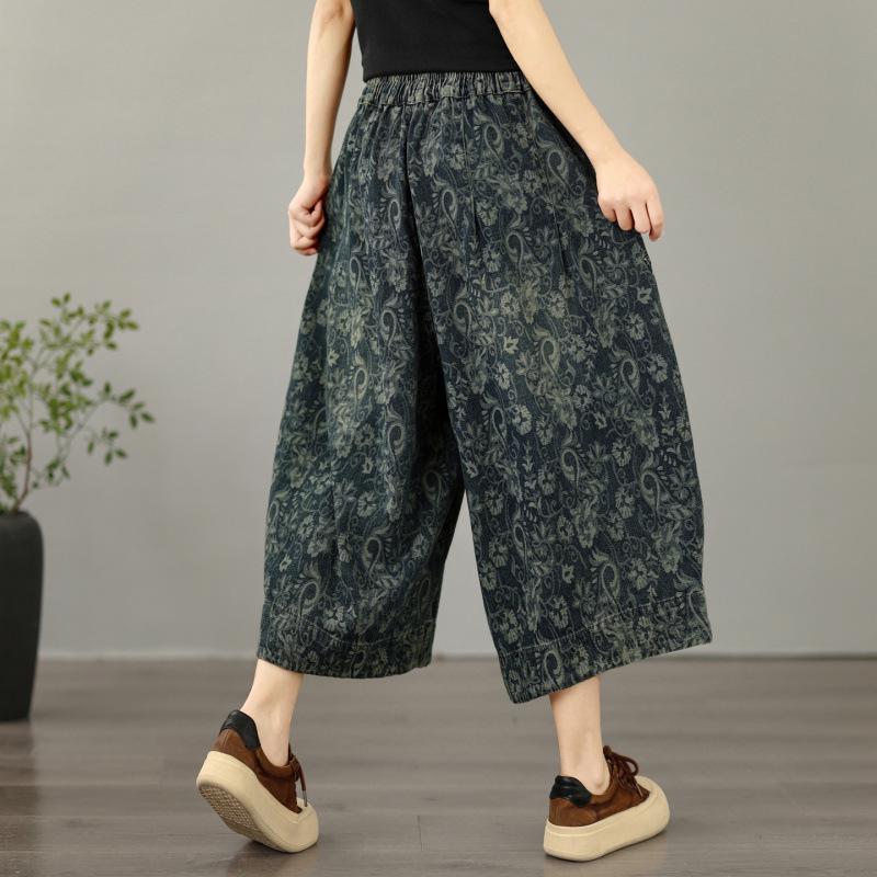 Nieuwe Plus Size Bloemen Jacquard Zacht Denim Wijde Pijp 7/8 Broek - Casual Zomer Mode