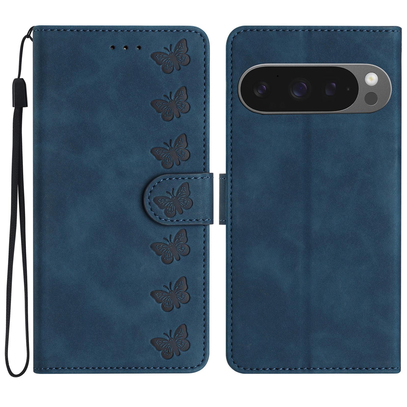 

For Google Pixel 9 Pro XL Case Imprinted Butterfly Leather Wallet Phone Cover Blue