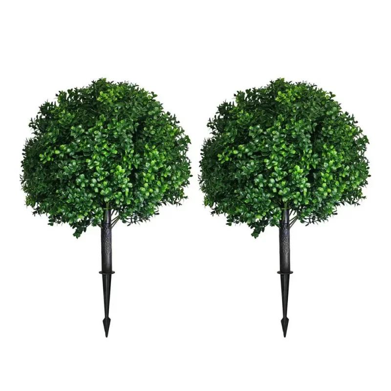2pcs Artificial Faux Cedar Cypress Topiaries, 23.5in UV Resistant Realistic Fake Shrub Ball Trees with Ground Stake for Garden