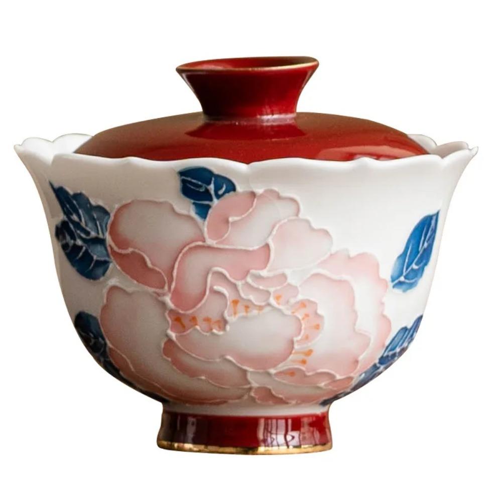 Handgezeichnete, handgeschnitzte goldene Pfingstrose, Schale mit Deckel, Teetasse