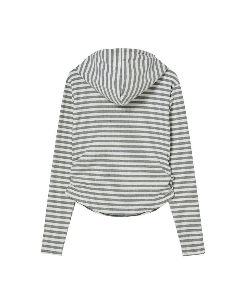 Striped Shirred Button Hoodie [Gray]