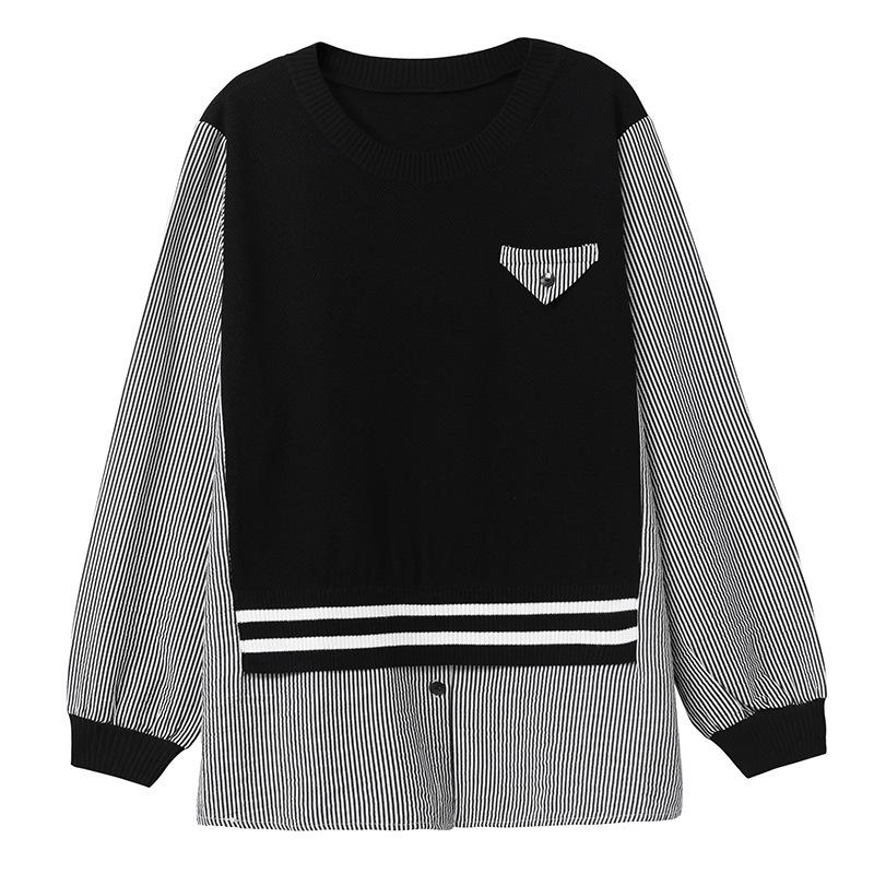 Neuer Frühlingsstil mit leicht dickem MM-Design und falschem zweiteiligem Streifenpullover, damit Sie schlank aussehen. Langarm-Oberteil mit Rundhalsausschnitt