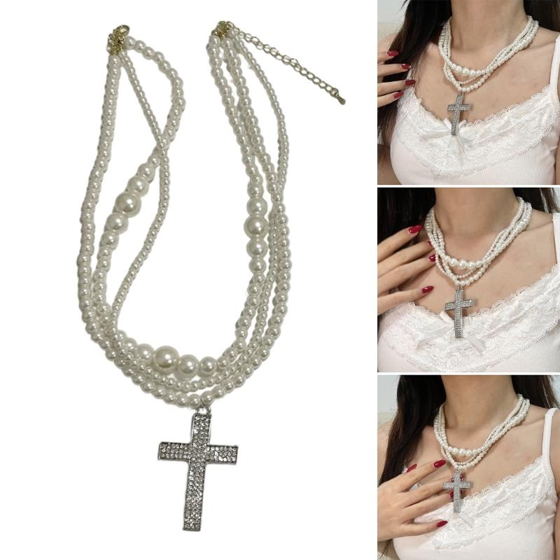 Retro Crystal Crosses Pendant Necklace Featuring Multilayer Faux Pearls Clavicle Chain For Elegant Jewelry Collection