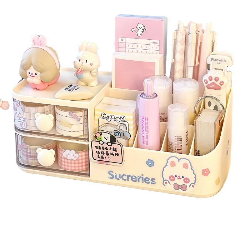 2026 New Desktop Storage Box Organizer Cute Bear Handle Drawer Type Desk Organizer Multi-grid Pen Holder with Kawaii Stickers