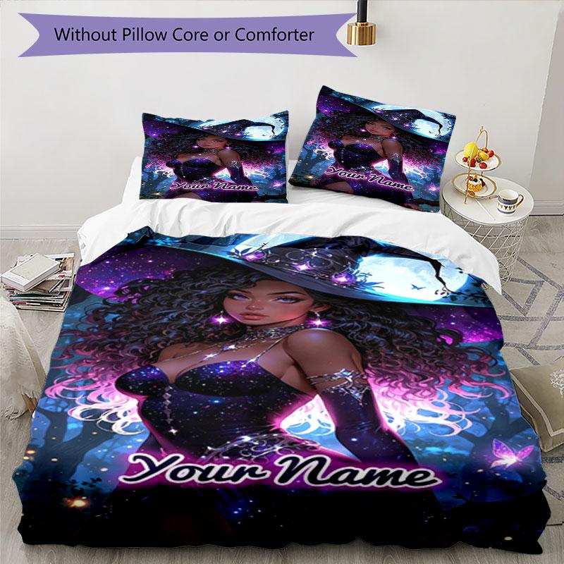 3pcs Custom Name Witch Moonlight Bedding Set Printed Bedding Set Duvet Cover Closure Includes 1 Duvet Cover & 2 Pillowcases Bedroom Decor