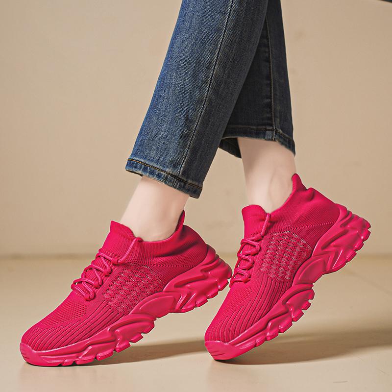Women's New 2025 Red Casual Sports Shoes Breathable Thick Sole Old Fashioned Shoes Comfortable Flight Knit Mesh Shoes