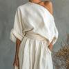 Damen 2-teilige Outfits Kurzarm Off-Shoulder Pullover Oberteil und Lockere Haremshosen Set Sommerurlaub Loungewear Sets