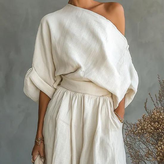 Damen 2-teilige Outfits Kurzarm Off-Shoulder Pullover Oberteil und Lockere Haremshosen Set Sommerurlaub Loungewear Sets