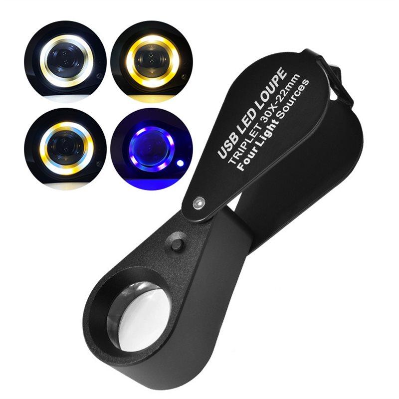 

SHGO-Jewelers Loupe Magnifier 30X USB Rechargeable Eye Loupe With UV And LED Light, Four Lighting Modes, 22Mm Foldable Design чорний
