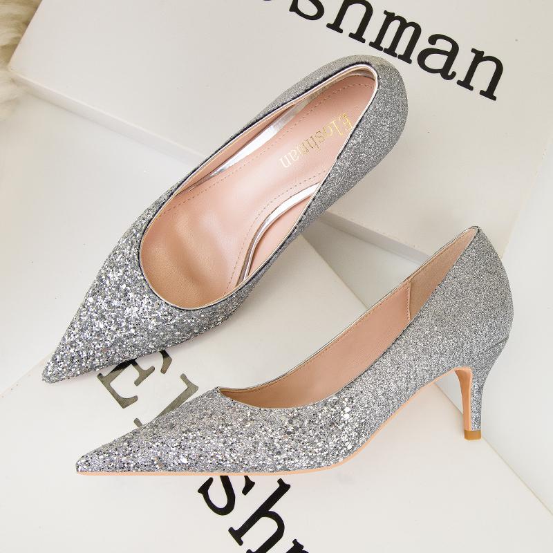 Fashion Woman Pumps Silver Champagne High Heels Stiletto Wedding Shoes Sequins Women Heels Fashion Ladies Shoes Party Shoes