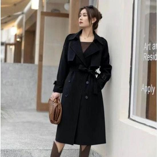 Herbst 2025 Petite Koreanischer Stil Mittellanger Schwarzer Trenchcoat - High-End Britische Lockere Oberbekleidung