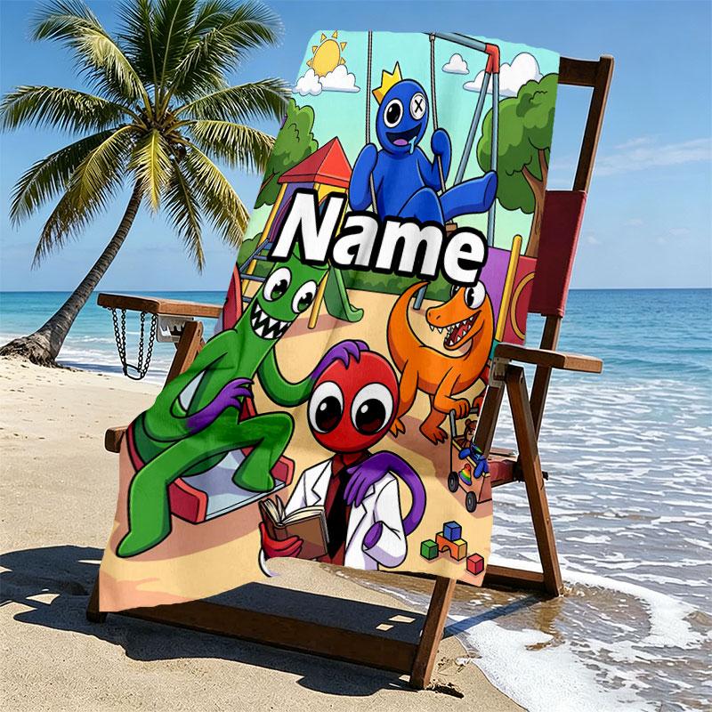 Custom Name Personalized Game Rainbow Friends Print Beach Towel, for Trip Camping Beach Party Home Decor, Birthday Gift for Family & Friends