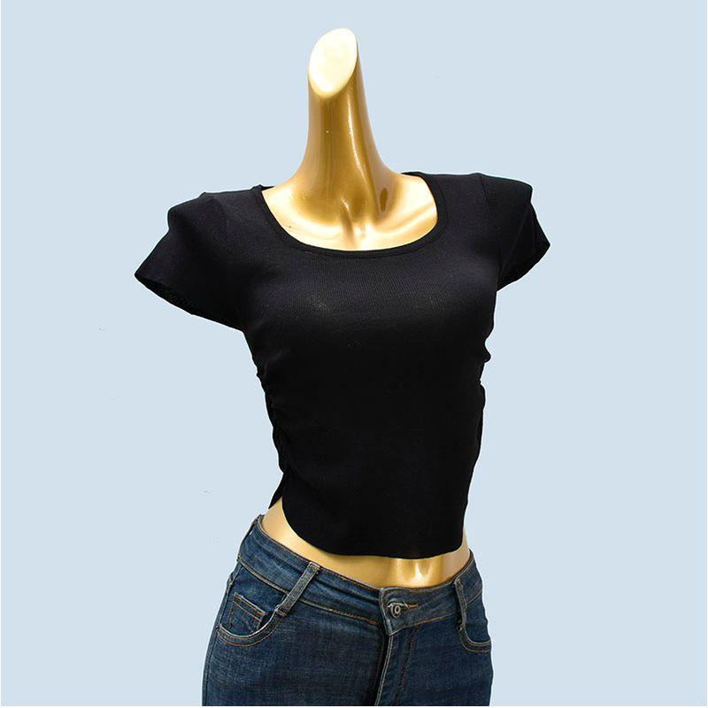 Knitted Simple Pleat Summer New Short sleeve knit Women Slim fit Slimming Square Collar Solid All-Match Base Top