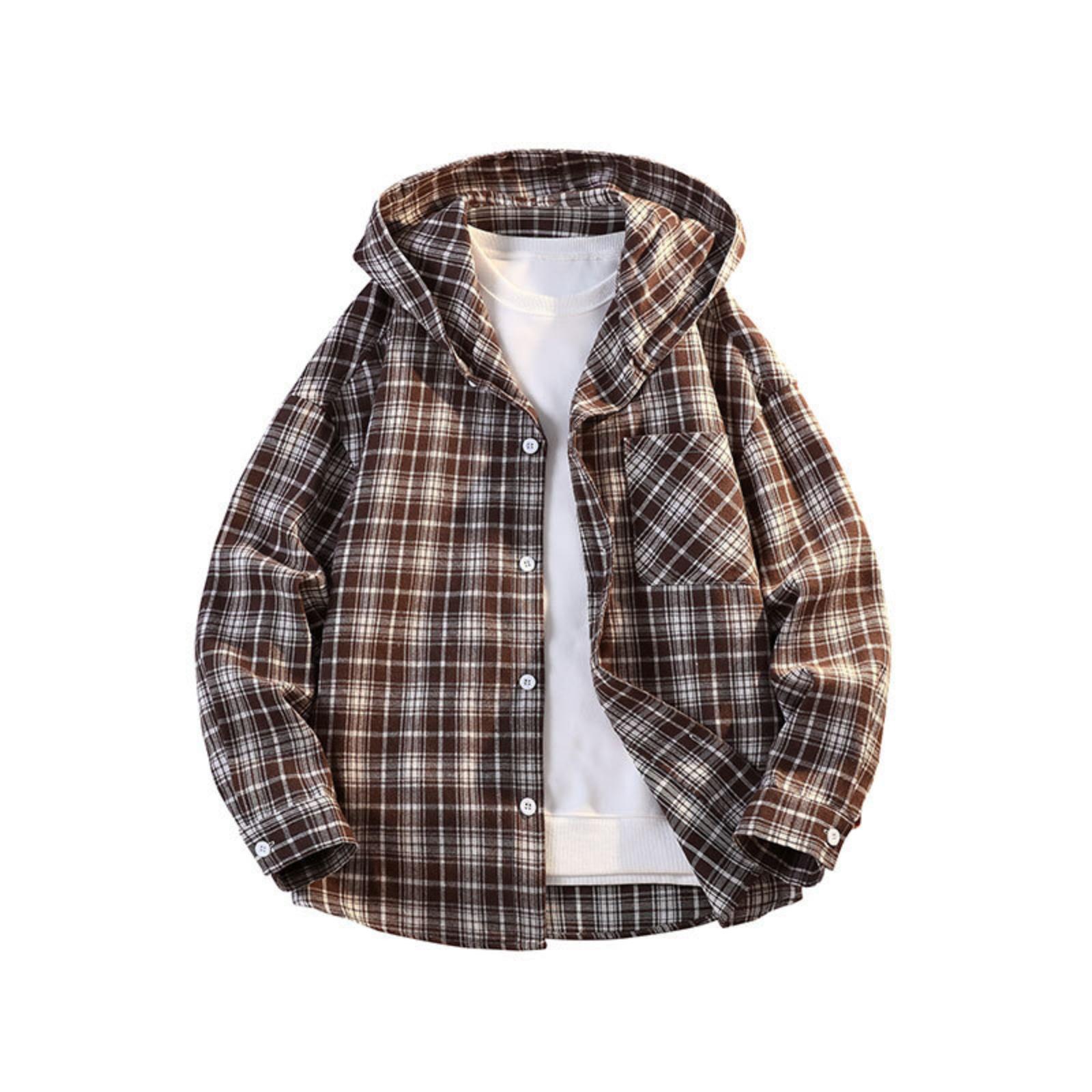 

Men s And Women s Loose, Casual And Trendy Printed Checkered Hooded Shirt Men s Long-sleeved Button-down Shirt Jacket M кофейный