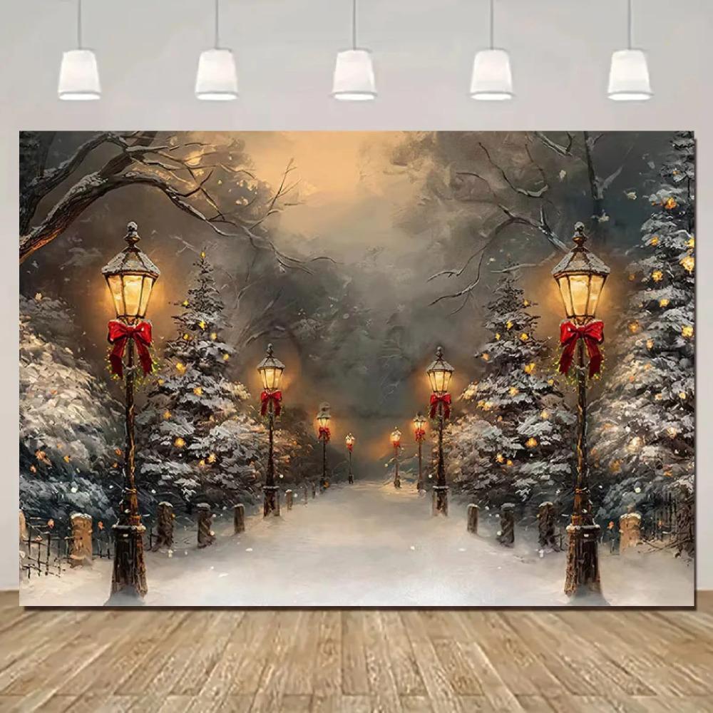 Winter Christmas Snow Road Lamp Theme Banner Background Children's Birthday Party Home Decoration Photography Background Cloth