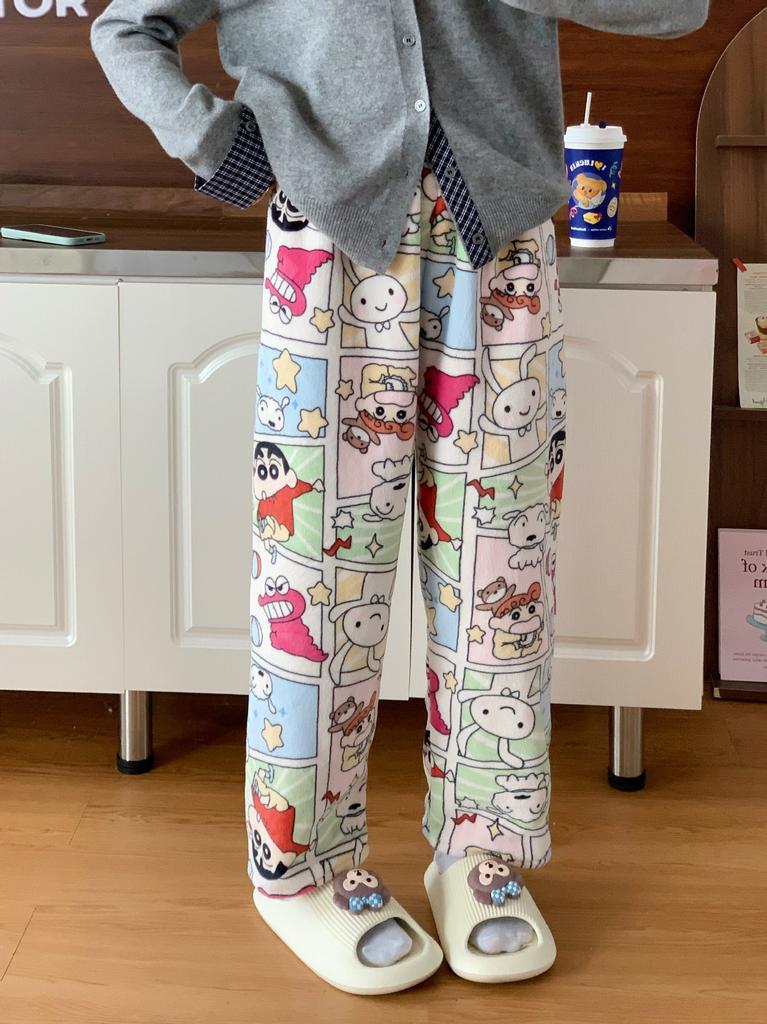 Cute Hello Kitty Women's Coral Fleece Pajama Pants Cartoon Kitty Sleepwear Loungewear