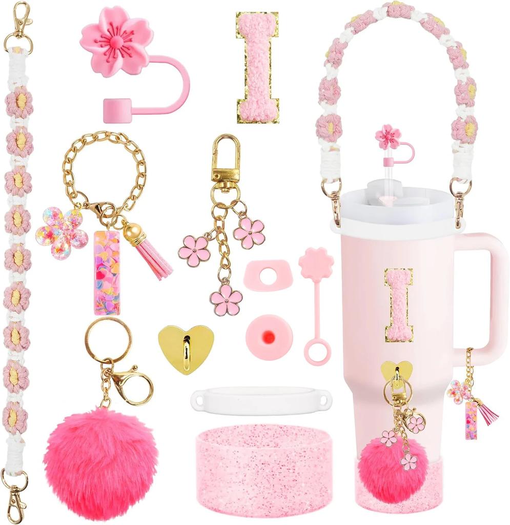 12PCS Cup Accessories for Stanley Cup,Straw Cover Cap 30oz 40oz Water Bottle Handle Strap,Boot,Chains,Personalized Sticker