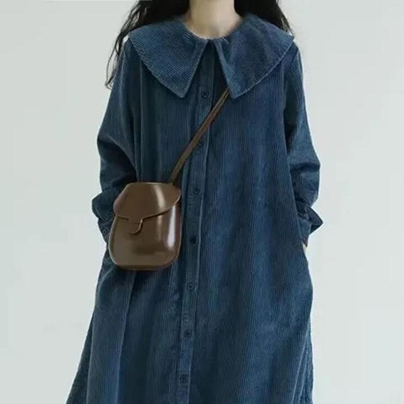 Women's Long Corduroy Dress New Spring Autumn Retro Fashion Ladies Dresses Single-Breasted Windbreaker Outerwear Female