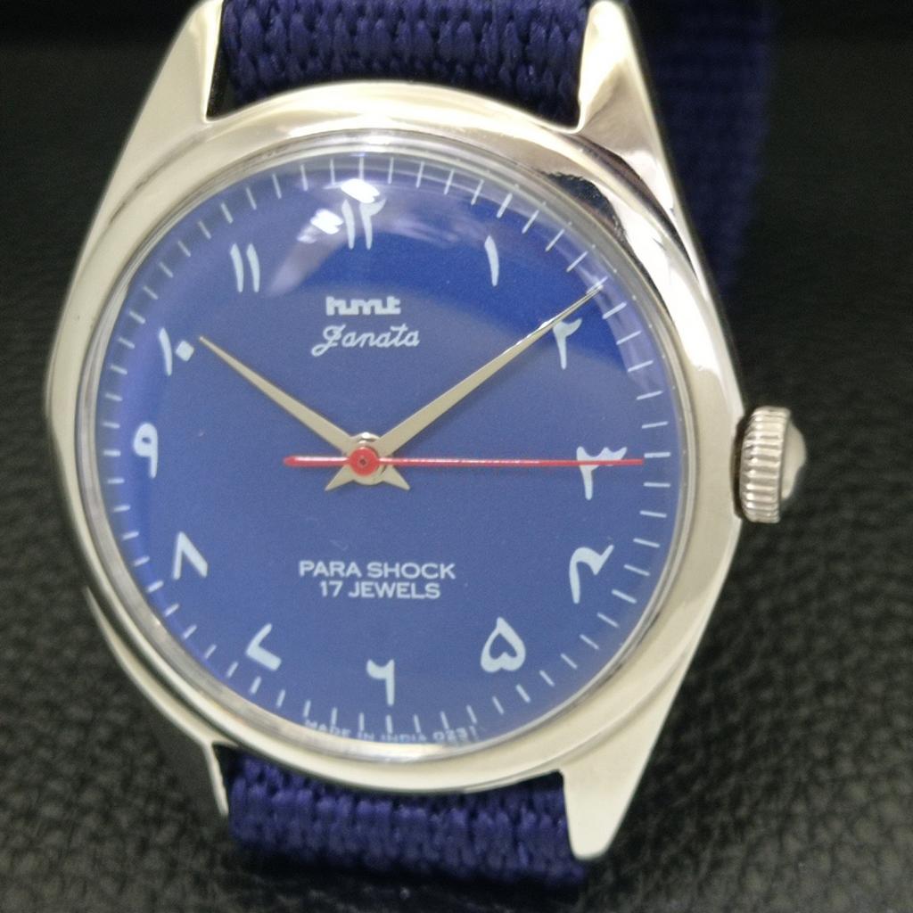 VINTAGE HMT JANATA HAND-WINDING INDIAN MENS ARABIC BLUE DIAL WATCH A700323-5 R202-a700323