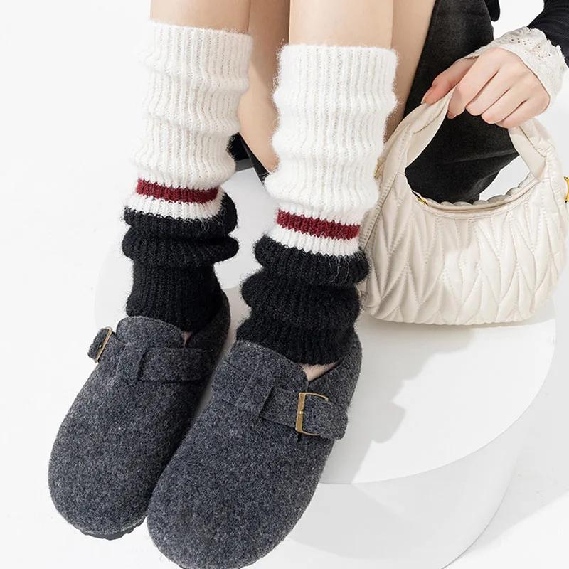 New Vintage Thickened Warm Leg Warmers Y2k Women Color Block Wool Knitted Long Socks Stacking Boot Cuffs New Design 2026