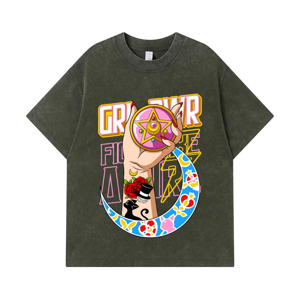 

275 GSM Washed T-shirts 100% Cotton Sailor Moon V12 Girl Power Print Unisex Heavy Cotton T Shirt S армия зеленый