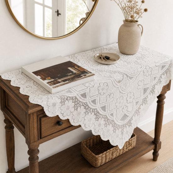 White Lace Tablecloth, Square Scalloped Floral Lace Doily, Elegant Vintage Table Cover for Nightstand End Table Tea Party Home Decor