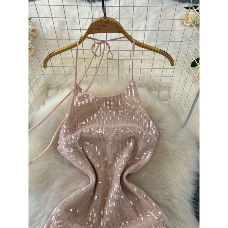 Accessible Luxury Socialite Open Back Glitter Dress Halterneck