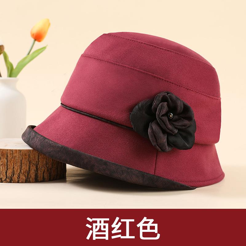 Autumn and Winter Women's Hats Fashion Flowers Elderly Pot Hat Thickened Warm Elderly Hat Mother Bucket Hat