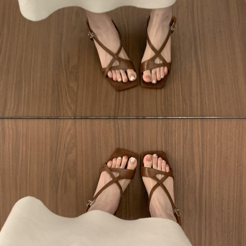 With Skirt Temperament One-word Buckle with Open-toed Square Head Sandals Women's Summer Beautiful Small Heels