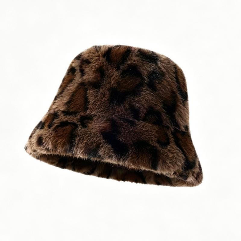 Zeyu New Fashion Leopard Print Cashmere Bucket Hat Women Winter Thick Warm Plush Fisherman Cap Casual Outdoor Party Travel Daily