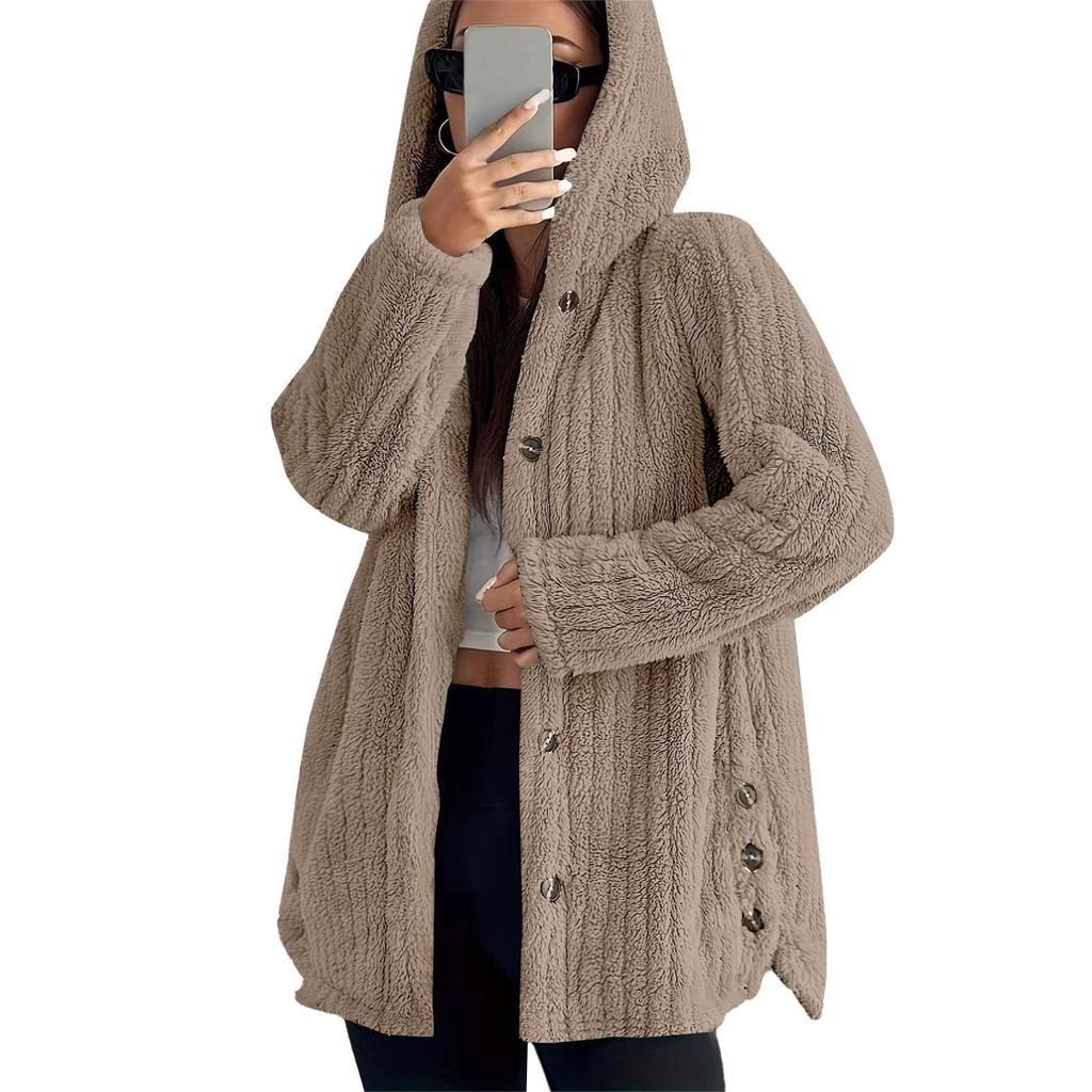 Women's Fashionable Coat Solid Color Long Sleeved Hooded Button Plush Warm Jacket