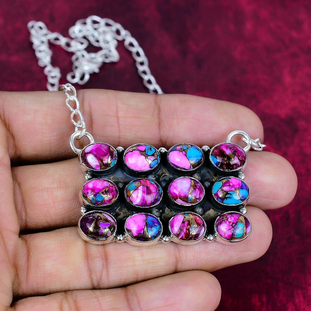 Pink Stacheliger Kupfer-Türkis Handgefertigte Edelsteinkette, 925 Sterlingsilber Massiv Kette Antikschmuck, Für Verlobungsgeschenk