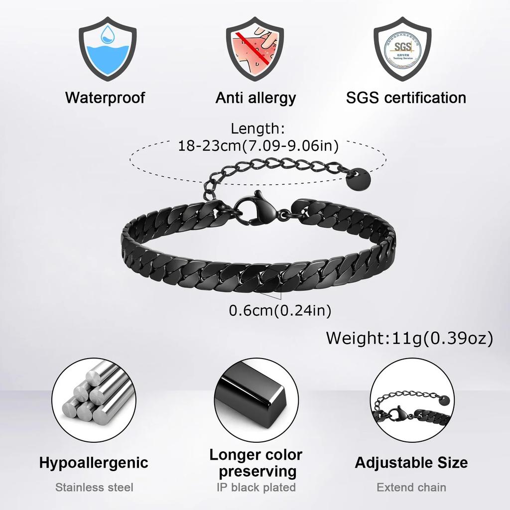 Stainless Steel Gothic Black Cuban Chain Bracelets for Men, Flat Miami Curb Links Wristband, Simple Metal Daily Wearing Jewelry