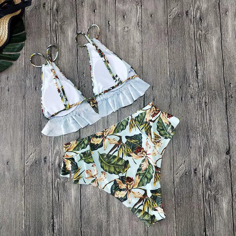 2024 Women's High Waist Print Bikini with Ruffle Swimsuit