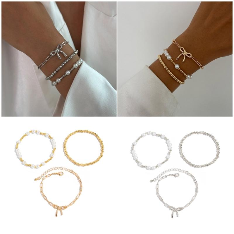 Modern Bowknot Detail Imitation Pearls Bracelet with Alloy Clasp Adjustable Chain Elegant Jewelry For Women