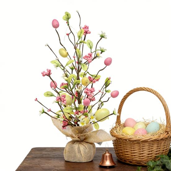 Pre-lit Easter Egg Tree with Burlap Base Battery Powered Easter Birch Tree with LED Light Tabletop Centerpiece for Home Table Spring Party Decoration