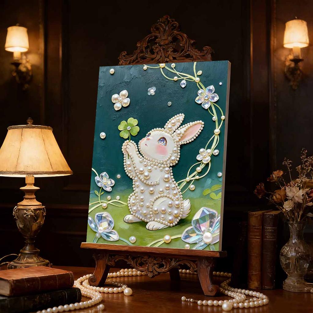 5D Frameless Pearl Painting Rabbit and Flower Diy Handmade Sticky Diamond Creative Canvas Art Painting Bedroom Decoration Living Room Hanging Painting