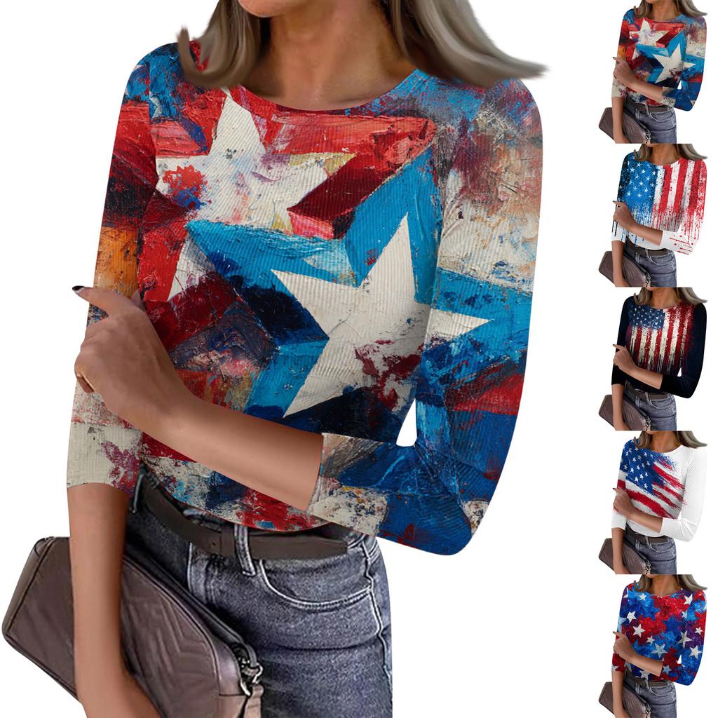 Women's Casual Fashion Round Neck Independence Day Print Three-Quarter Sleeve Ribbed Top