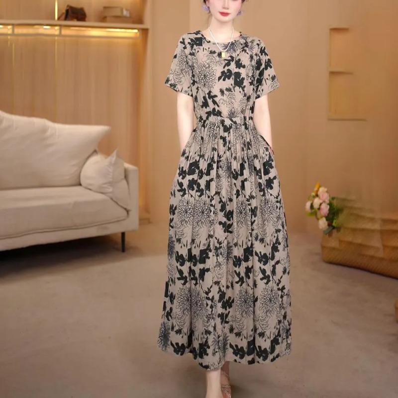 

Womens Floral Print Elastic Waist Midi Dress L серый