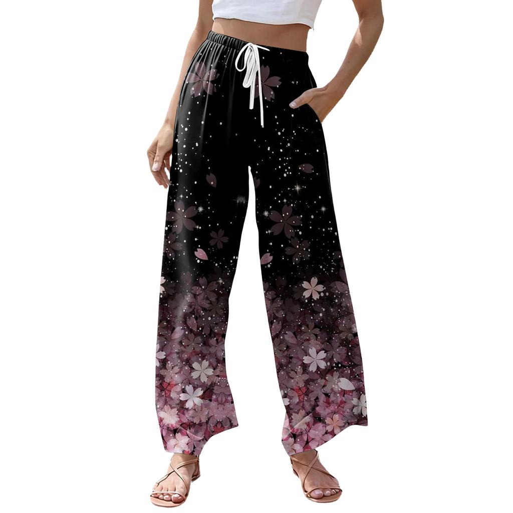 Women's Casual Retro Floral Print Wide Leg Drawstring Pocket Beach Casual Pants