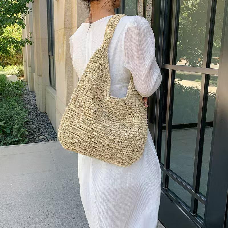 Yogodlns New Grass Women Travel Beach Bags Single Handle Shoulder Bags Grass Large Capacity Tote Bag Hand Woven Bag for Women