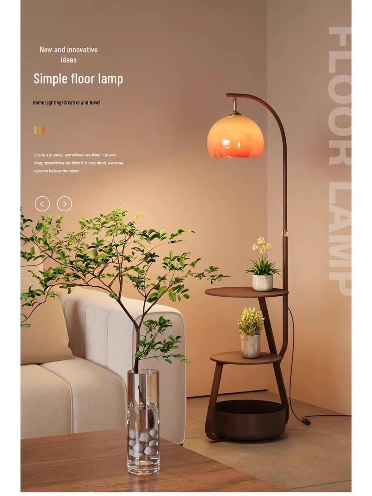 Antique-Style Floor Lamp with Shelf: Retro Bedside Table for Living Room or Bedroom.