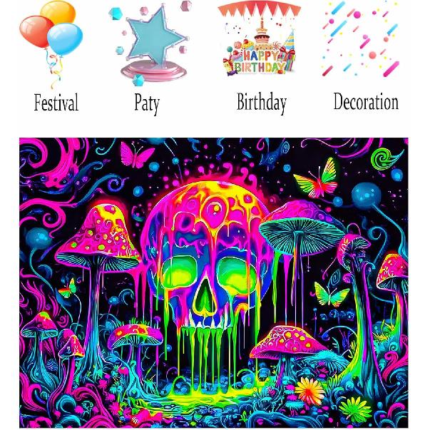 Nuxovilar UV Reactive Tapestry – Skull and Mushroom Scene Blacklight Wall Hanging, Enchanted Forest Glow Art for Bedroom and Living Room Decor,
