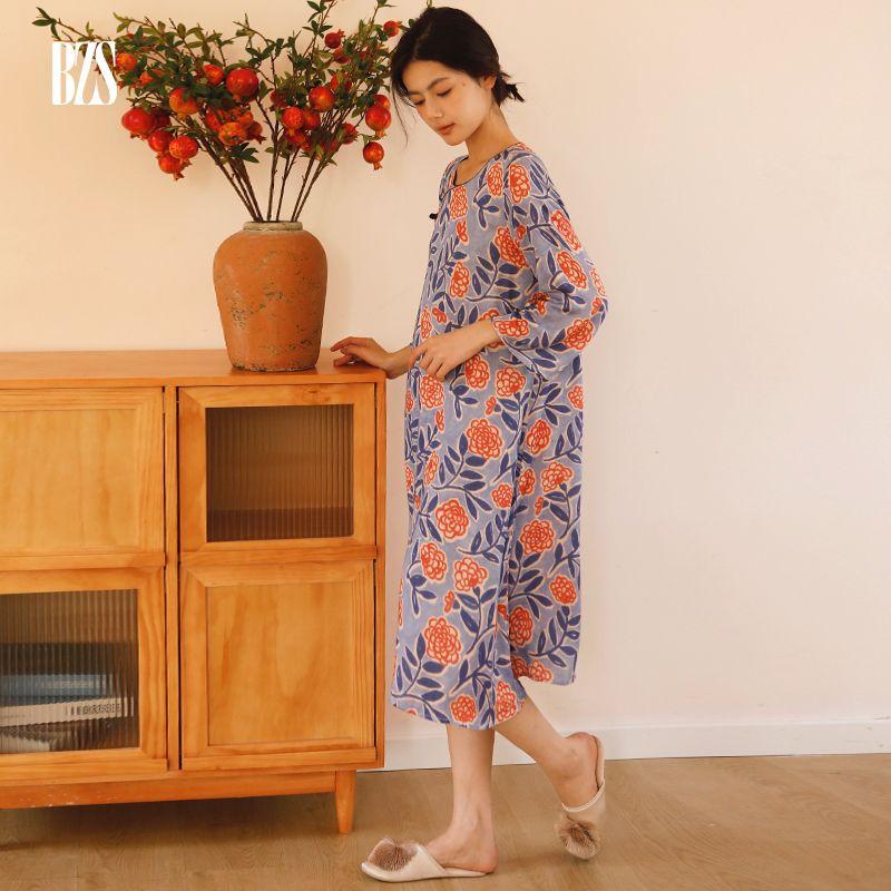 

2024 Rayon Satin Retro Chinese Style Long Sleeve Pants Graceful Home Wear Blues Chinese Ancient Style Poplin Pajamas Women Nightdress XL [recommend 67.50 kg-77.50 kg]]